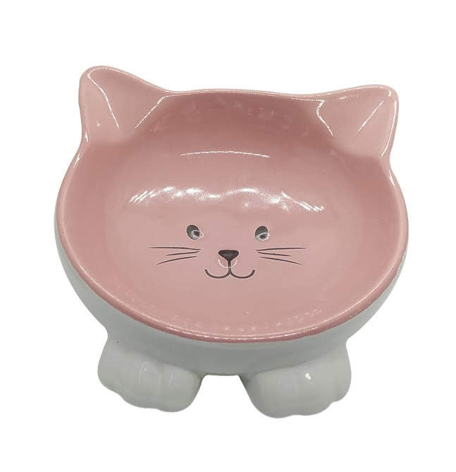 INDIPETS Pink Ceramic Cat Face Bowl