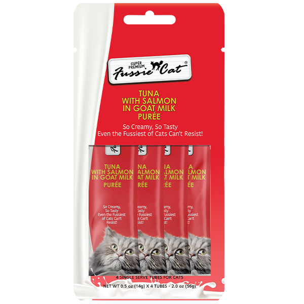 FUSSIE CAT Premium Tuna w/Salmon in Goat Milk Puree Tube, 14g x 4