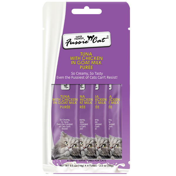 FUSSIE CAT Premium Tuna w/Chicken in Goat Milk Puree Tube, 14g x 4