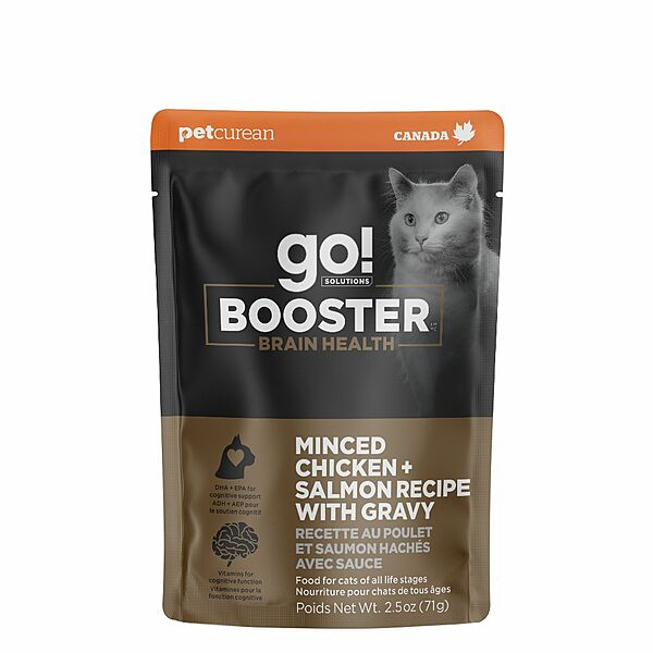 PETCUREAN GO Booster Brain Health Minced Chicken Salmon w Gravy 71 Happy Cat Feline Essentials