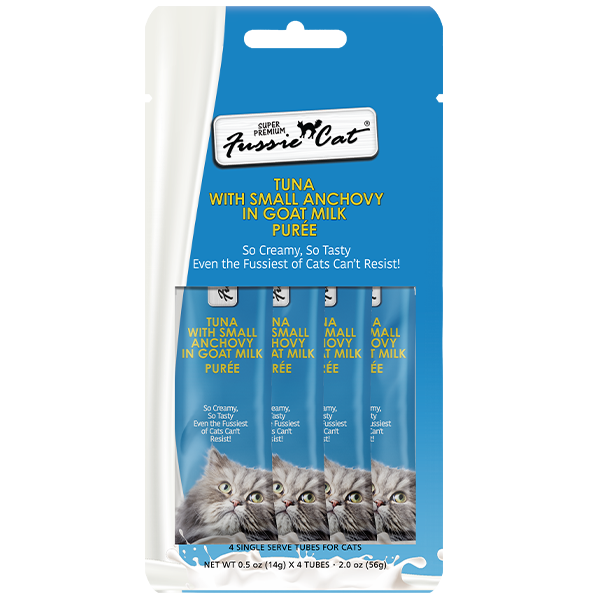 FUSSIE CAT Premium Tuna w/Small Anchovy in Goat Milk Puree Tube, 14g x 4