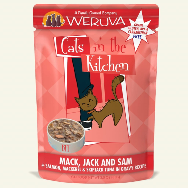 CATS IN THE KITCHEN Mack, Jack & Sam Mackerel, Skipjack Tuna and Salmon in Gravy Pouch, 85g (3oz)