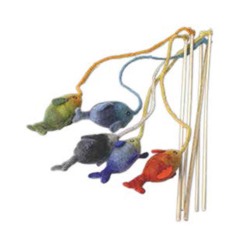 KARMA CAT Felted Wool Teaser Toy w/Wooden Wand, Fish
