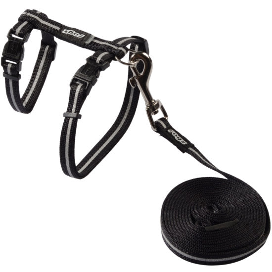 ROGZ Alley Cat Reflective Harness & Leash 8"-12", Black