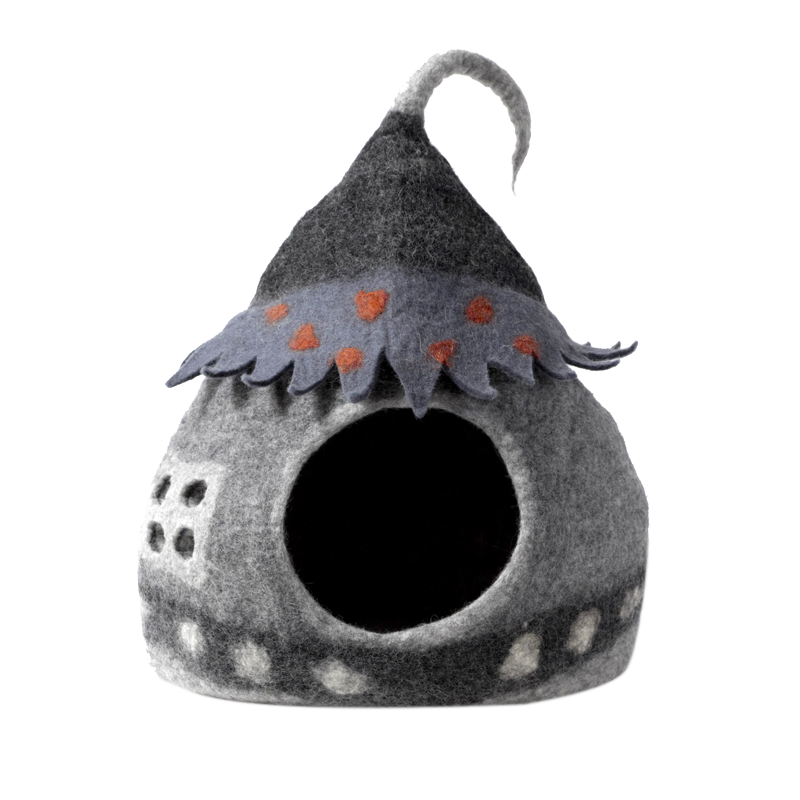 KARMA CAT Felted Wool Fairy House Cave, Grey