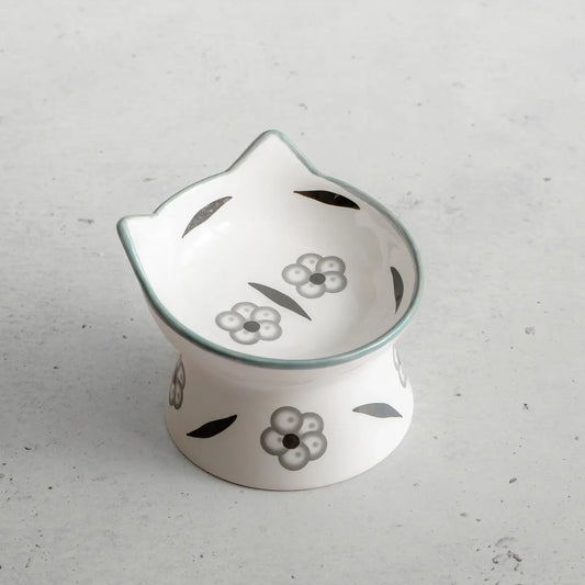 DEXYPAWS Elevated Floral White & Black Ceramic Bowl