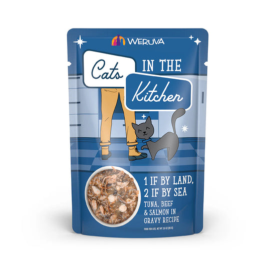 CATS IN THE KITCHEN 1 if By Land, 2 if By Sea Tuna, Beef and Salmon in Gravy Pouch, 85g (3oz)