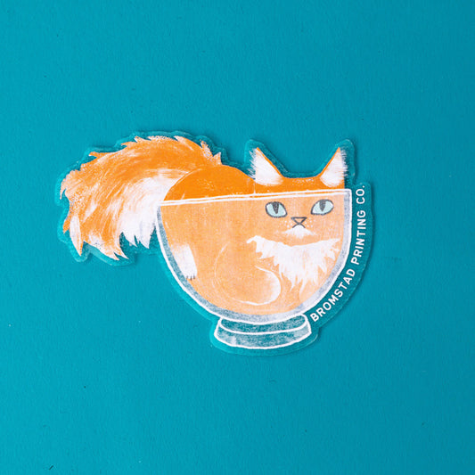 BROMSTAD PRINTING Orange Cat in A Bowl Clear Sticker