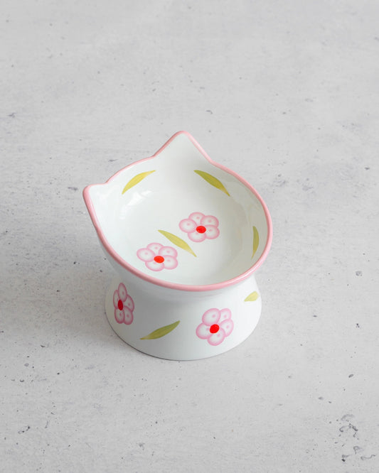 DEXYPAWS Elevated Floral White & Pink Ceramic Bowl