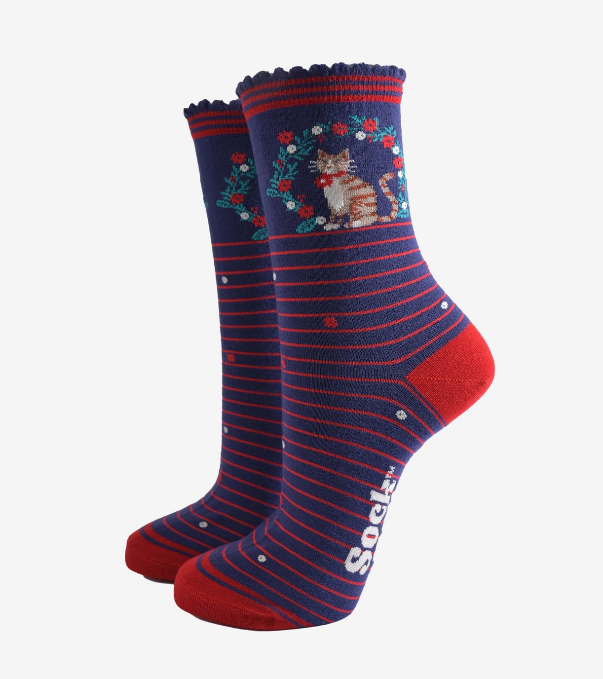 SOCK TALK Navy Blue/Red, Cat Wreath