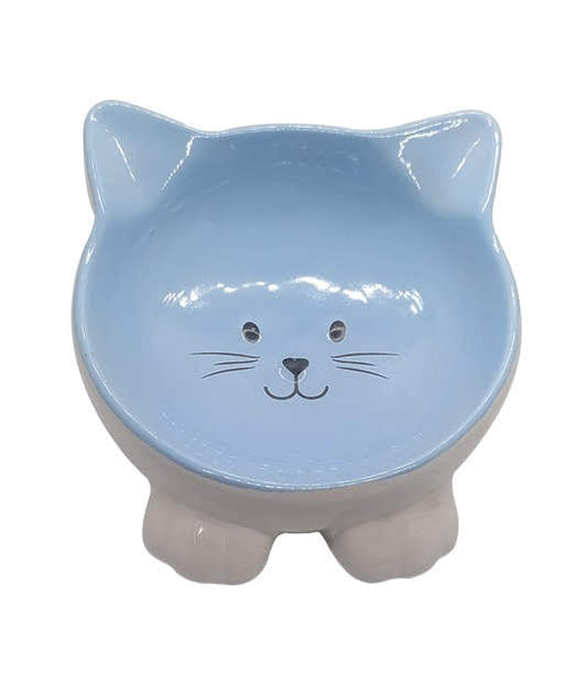 INDIPETS Blue Ceramic Cat Face Bowl