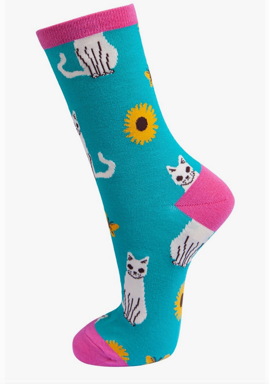 SOCK TALK Sunflower Teal Cat Print Bamboo Socks