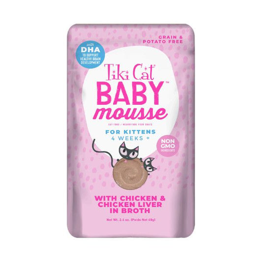 TIKI CAT BABY Velvet Mousse Kitten Chicken w/Chicken Liver in Broth Pouch, 68g (2.4oz)