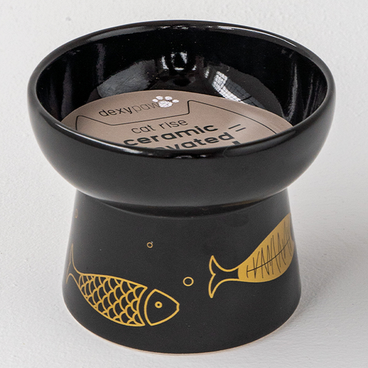 DEXYPAWS Elevated Ceramic Bowl, Black w/Gold Fish