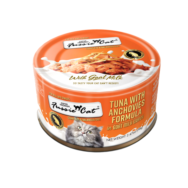 FUSSIE CAT Premium Tuna w/Anchovies in Goat Milk, 70g (2.4oz)