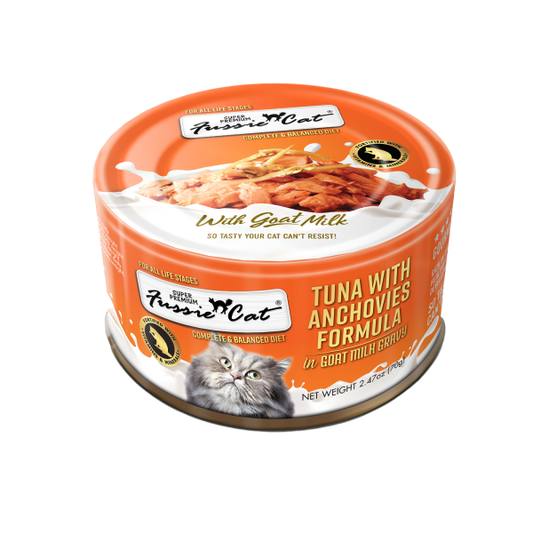 FUSSIE CAT Premium Tuna w/Anchovies in Goat Milk, 70g (2.4oz)