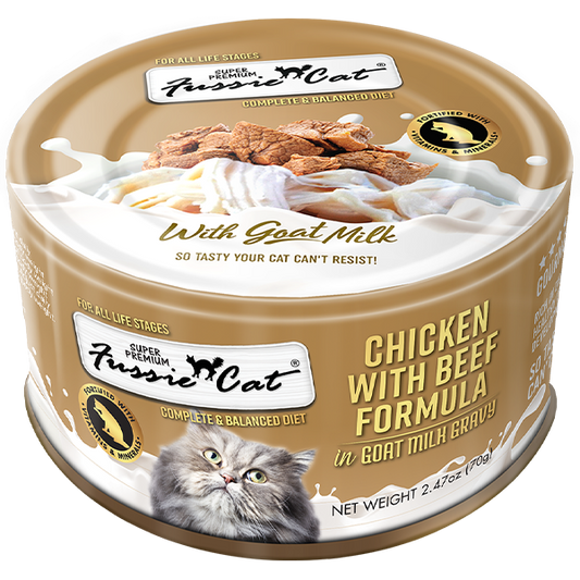 FUSSIE CAT Super Premium Chicken w/Beef in Goat Milk, 70g (2.5oz)