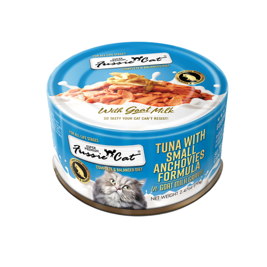 FUSSIE CAT Premium Tuna w/Small Anchovies in Goat Milk, 70g (2.4oz)