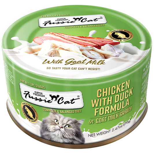 FUSSIE CAT Super Premium Chicken w/Duck in Goat Milk, 70g (2.5oz)
