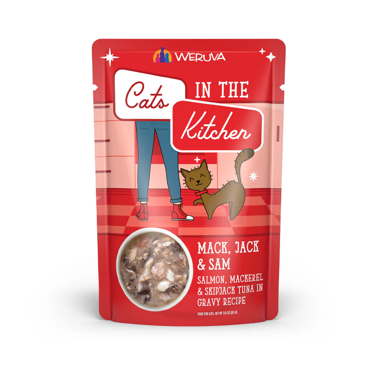 CATS IN THE KITCHEN Mack, Jack & Sam Mackerel, Skipjack Tuna and Salmon in Gravy Pouch, 85g (3oz)