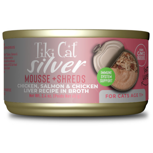 TIKI CAT Silver Chicken, Salmon & Chicken Liver Mousse & Shreds, 68g (2.4oz)