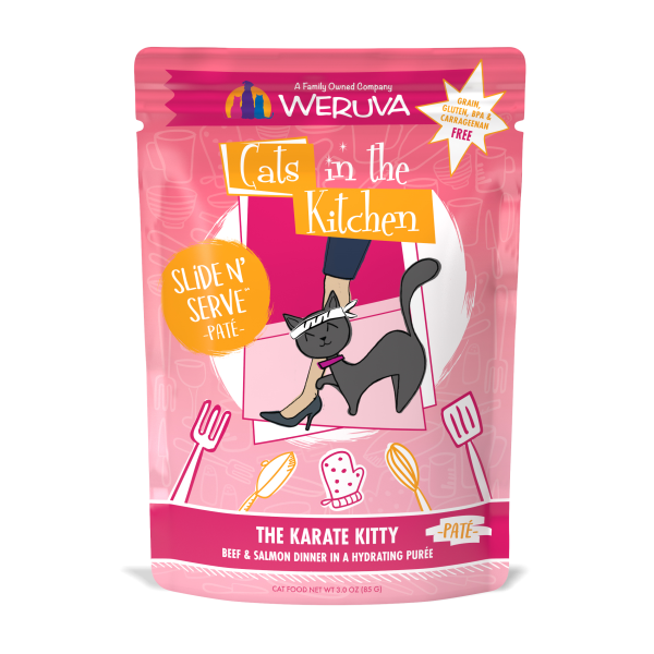 CATS IN THE KITCHEN Slide N' Serve The Karate Kitty Beef and Salmon Dinner Pâté Pouch, 85g (3oz)