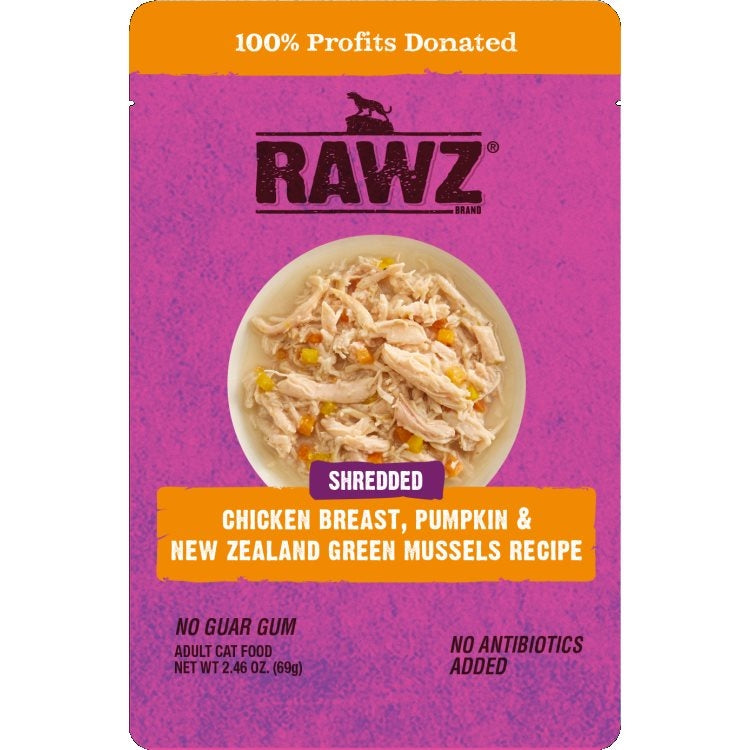 RAWZ Shredded: Chicken, Pumpkin and New Zealand Green Mussels Pouch, 69g (2.46oz)