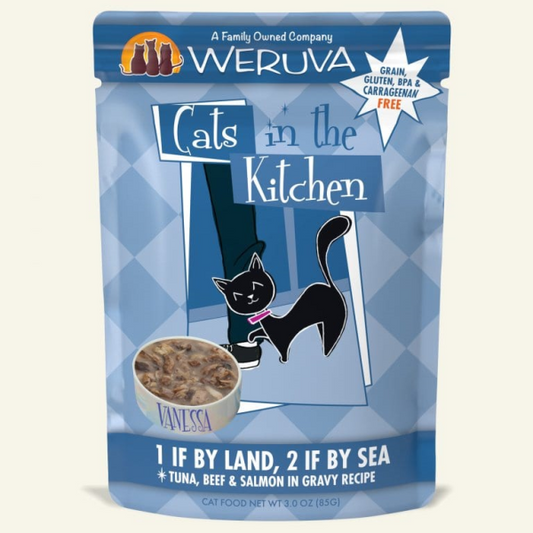 CATS IN THE KITCHEN 1 if By Land, 2 if By Sea Tuna, Beef and Salmon in Gravy Pouch, 85g (3oz)
