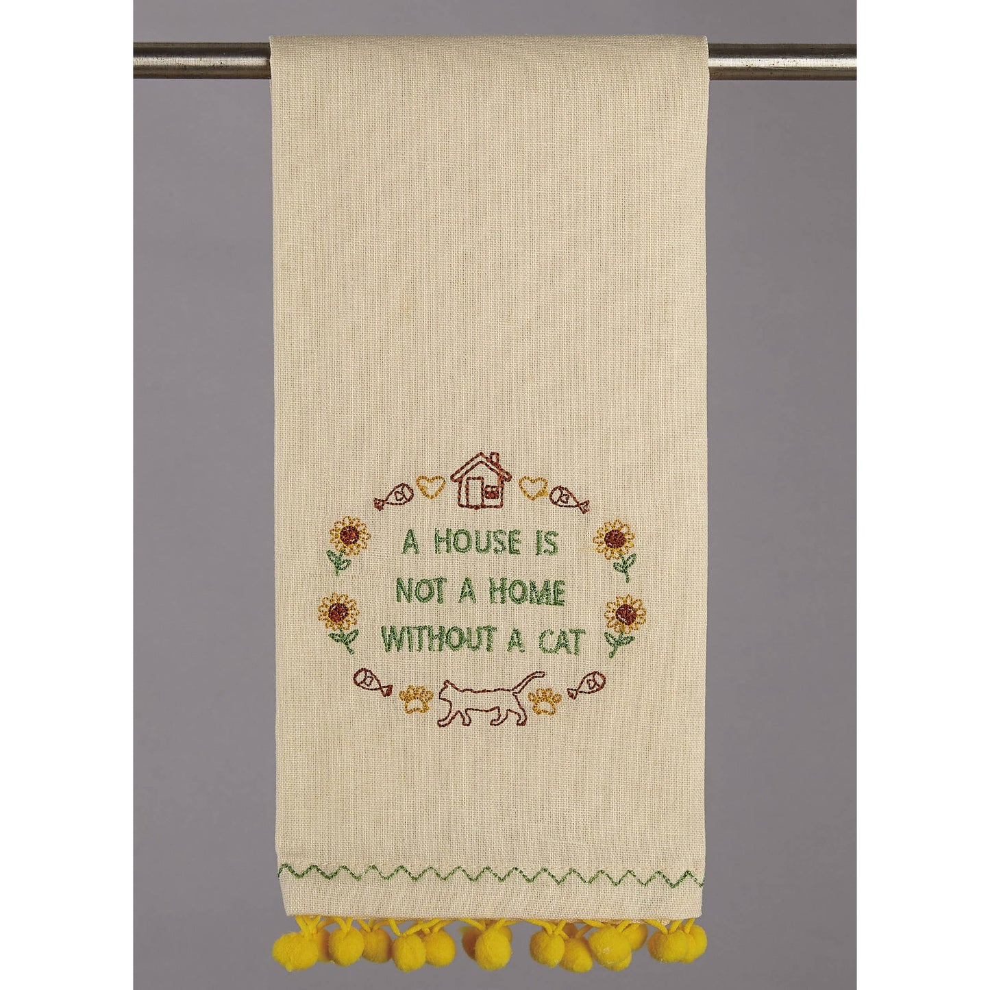 PEKING HANDICRAFT "Not a Home Without a Cat" Pom Pom Kitchen Towel