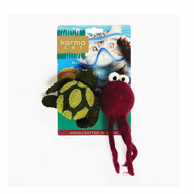 KARMA CAT Felted Wool Turtle & Jellyfish Toy, 2pk